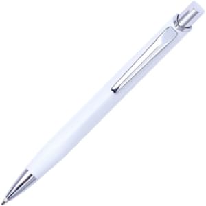 A white metal pen with a chrome clip and tip, featuring a sleek and modern design.