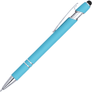 A turquoise aluminium stylus pen with a chrome clip and tip. It features a sleek, modern design.