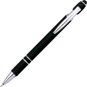 A black stylus pen with silver accents and a built-in touch screen tip. It features a logo on the body.
