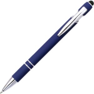 A stylus pen in navy blue with a metallic silver clip and trim, featuring a branding logo.