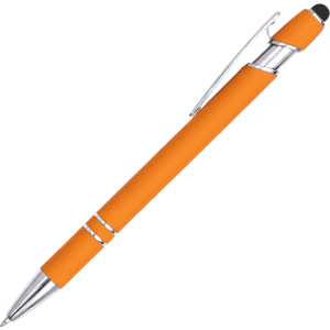An orange aluminium pen stylus with a shiny silver clip and accents. It includes a touchscreen-compatible tip.