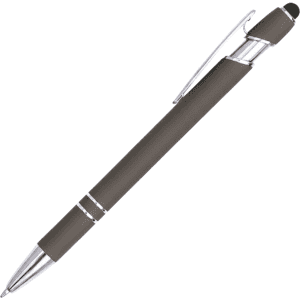 A stylus pen in dark grey aluminium with a silver clip and tip, featuring a branding logo.