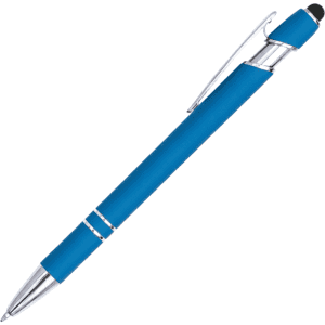 A blue aluminum pen stylus with a silver clip and a black tip for touchscreen use. It features a branding logo.