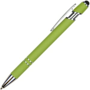 A green aluminium stylus pen with a silver clip and tip, featuring a black stylus on the end.