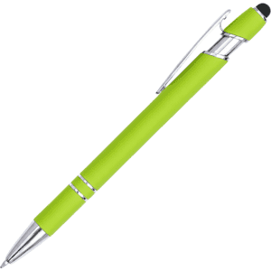 A lime green aluminium stylus pen with a silver clip and tip, featuring a smooth finish and a logo.