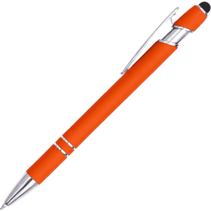 An orange aluminium stylus pen with a silver clip and tip. Features a sleek design and a logo.