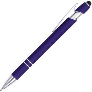 A purple stylus pen with a matte finish and a shiny silver clip and accents. It has a branding logo.