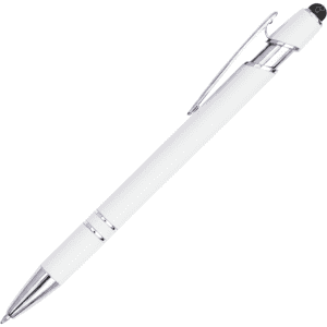A stylus pen made of aluminium, featuring a white body and silver accents, with a logo on the top.