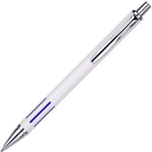 A metal pen in white with blue accents and chrome details, featuring a logo.