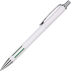 A white metal pen with silver accents and a green design element. It features a clip and a branding logo.