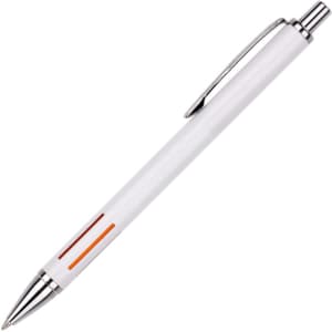 A metal pen with a white barrel, silver accents, and orange details, featuring a clip and a logo.