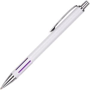 A metal pen with a sleek white body and silver accents, featuring purple details and a clip.