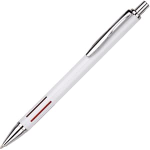 A metal pen in white with chrome accents and a red design element. Features a logo on the barrel.