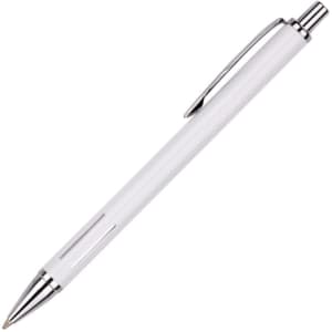 A white metal pen with a shiny chrome clip and trim, featuring a sleek and minimalistic design.