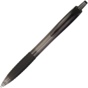 A plastic pen in black with a textured grip and a click mechanism. It features a branding logo.