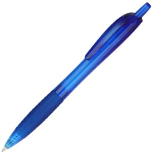 A blue plastic pen with a textured grip and a transparent barrel, featuring a clip and branding.