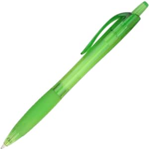 A green plastic pen with a transparent barrel and a clip at the top. It features a logo on its side.