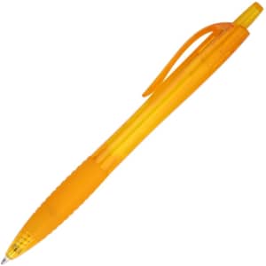 A bright orange plastic pen with a smooth barrel and a clip for easy attachment. It features a logo on the side.
