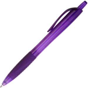 A purple plastic pen with a grip and a clip. It features a branding logo.
