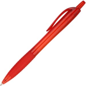A red plastic pen with a smooth body and grip, featuring a clip and a branding logo.