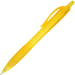 A yellow plastic pen with a sleek design and a clip for easy attachment. It has a transparent barrel.