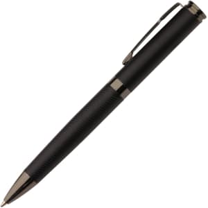 A metal pen in black with a textured grip and a sleek, chrome clip. The pen features a branding logo.