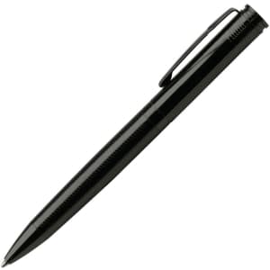 A black metal pen with a smooth finish and a clip. It features a logo on the body.