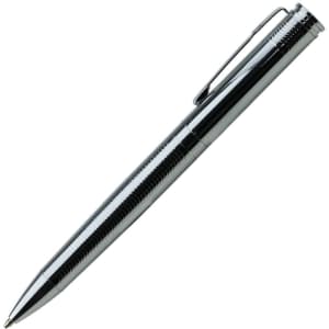 A metal pen with a sleek chrome finish, featuring a textured grip and a clip for easy attachment.