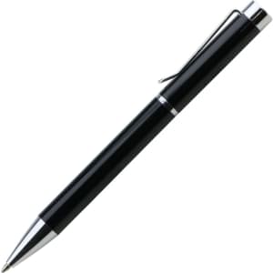 A black metal pen with a shiny silver clip and trim, featuring a sleek design and branding.