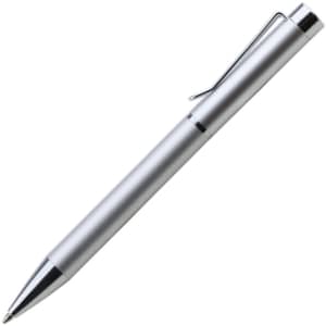 A metal pen in silver with a chrome tip and clip, featuring a sleek and modern design.