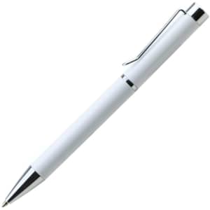 A metal pen in white with a silver clip and tip, featuring a sleek design and a logo on the side.