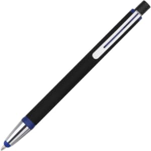 A black stylus pen with a blue accent and a textured tip, featuring a clip and a logo.