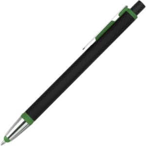 A stylus pen in black with green accents, featuring a sleek design and a clip. It includes a logo.