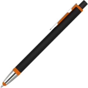 A sleek black stylus pen with orange accents and a silver clip, featuring a textured grip.
