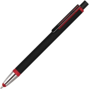 A black stylus pen with red accents, featuring a metallic clip and a smooth finish. It includes a branding logo.