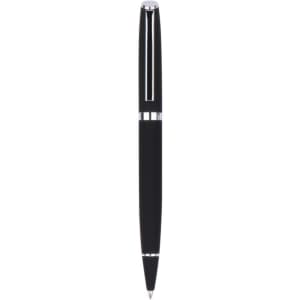 A sleek black metal pen with chrome accents and a glossy finish, featuring a branding logo.