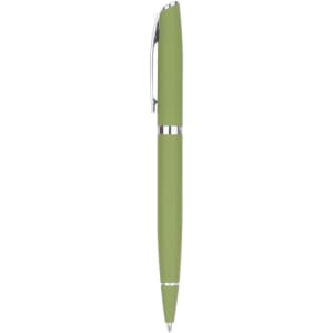 A green metal pen with a chrome clip and silver accents, featuring a logo on the barrel.