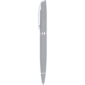 A grey metal pen with a sleek design and chrome accents, featuring a logo on its surface.
