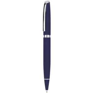 A metal pen in deep blue with silver accents and a sleek design, featuring a logo on the barrel.