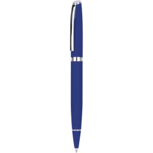 A blue metal pen with a silver clip and accents, featuring a sleek design and a branding logo.
