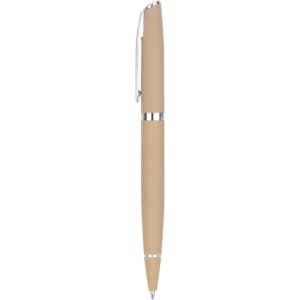 A metal pen in a light beige colour with silver accents and a clip, featuring a sleek design.