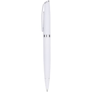 A white metal pen with silver accents and a clip, featuring a sleek design and branding.