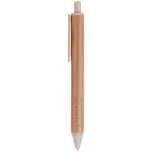 A natural bamboo pen featuring a sleek design and a clip, with a light wood finish. It has a branding logo.