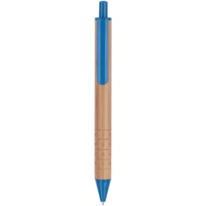 A blue and natural wood pen with a clip and a logo on the side.