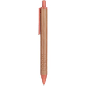 A pen in warm brown and coral, featuring a clip and a textured grip, with a logo on the barrel.
