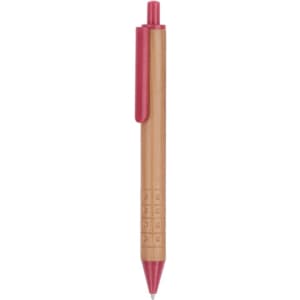 A bamboo pen with a red grip and clip, featuring a simple design and a logo.