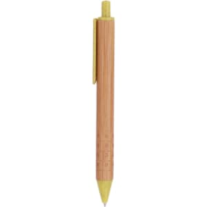 A yellow and natural bamboo pen with a clip, featuring a simple design. It includes a branding logo.