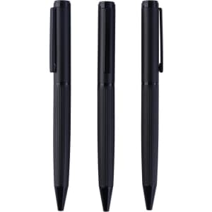 Three black metal pens are displayed side by side, each with a textured grip and a clip on the side.