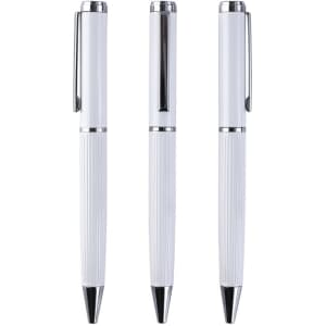 A set of three white metal pens with chrome accents and a textured grip. Each pen features a clip for convenience.