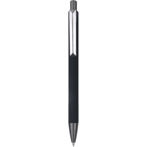 A metal pen in black with a silver clip and tip, featuring a logo on the body.